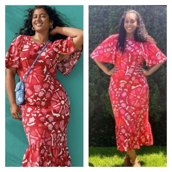 RHODE x Target Red Bat Sleeve Floral Linen Blend Midi Dress Size 17 NWT - Picture 1 of 15